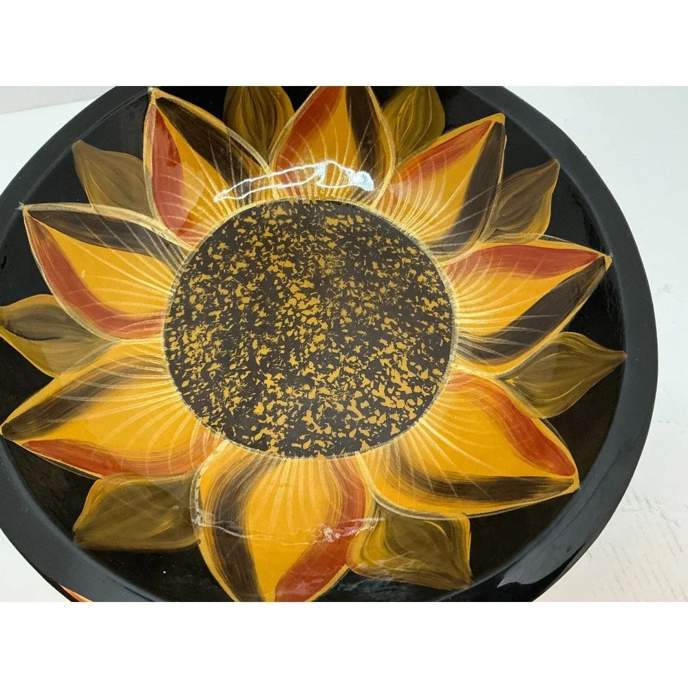 Vintage Sunflower Decorative Bowl Hand Painted Floral Glossy Black 11 Inch